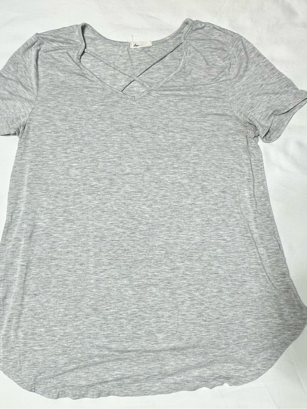 Women’s Light Gray Short Sleeve V-Neck Tee with Crisscross Detail